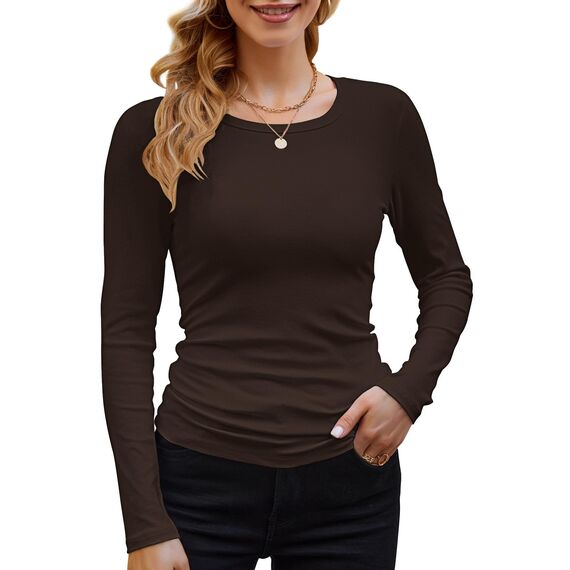 DUOEASE Langarmshirt Damen Rundhal Pullover Elegant Langarm Oberteile Rippshirt Tshirts Basic Tops（Braun,L