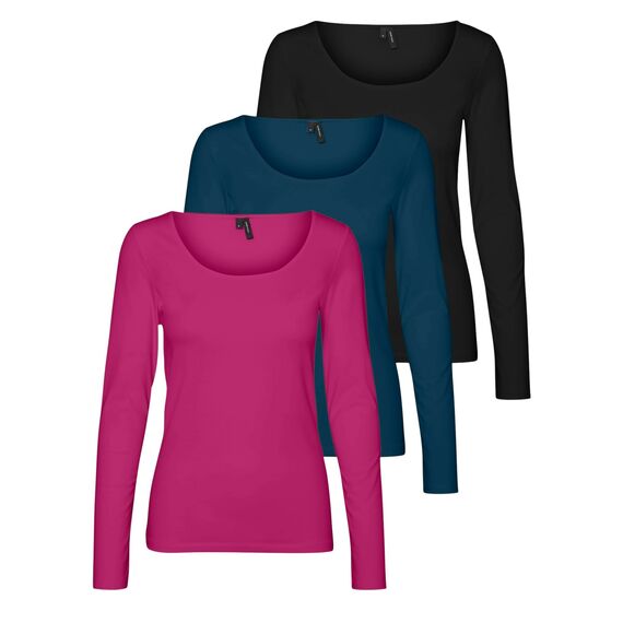 VERO MODA Damen VMMAXI My LS Soft UNECK 3-Pack, Festival Fuchsia/Gibraltar Sea/Black, M