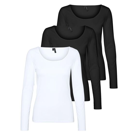 VERO MODA Damen VMMAXI My LS Soft UNECK NOOS 3-Pack, Black/Black & Bright White, S