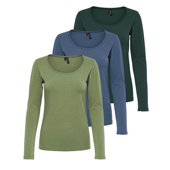 VERO MODA Damen VMMAXI My LS Soft UNECK NOOS 3-Pack Langarmshirt, Oil Green/Green Gables & Chine, L