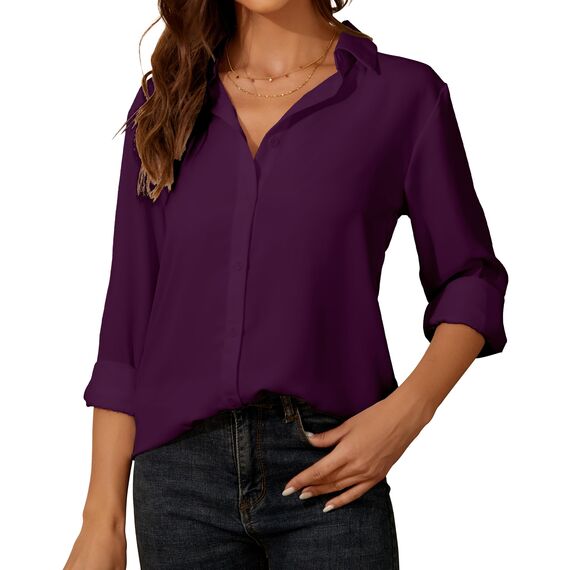 Damen Button-Down Shirts Langarm Kragen Tops Lady Work Office Chiffon Bluse