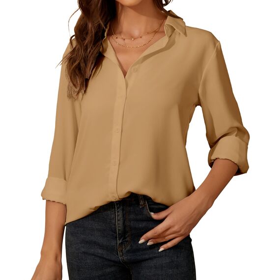 Damen Button-Down Shirts Langarm Kragen Tops Lady Work Office Chiffon Bluse