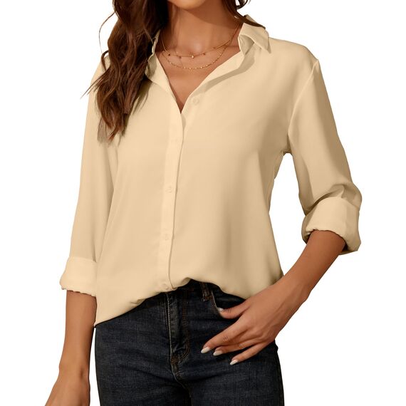 Damen Button-Down Shirts Langarm Kragen Tops Lady Work Office Chiffon Bluse