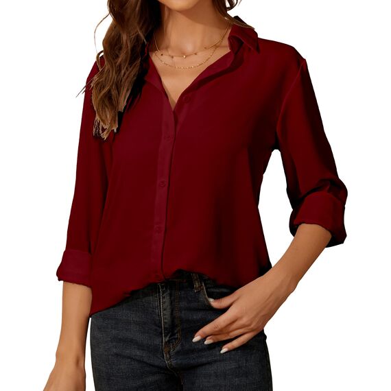 Damen Button-Down Shirts Langarm Kragen Tops Lady Work Office Chiffon Bluse