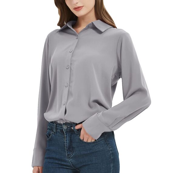 Damen Button-Down Shirts Langarm Kragen Tops Lady Work Office Chiffon Bluse