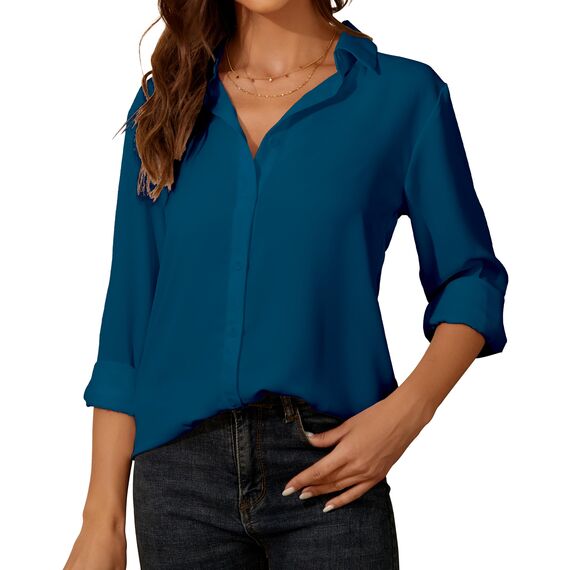 Damen Button-Down Shirts Langarm Kragen Tops Lady Work Office Chiffon Bluse