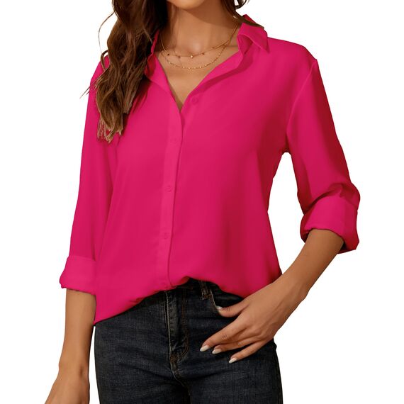Damen Button-Down Shirts Langarm Kragen Tops Lady Work Office Chiffon Bluse