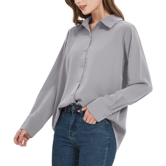Damen Button-Down Shirts Langarm Kragen Tops Lady Work Office Chiffon Bluse