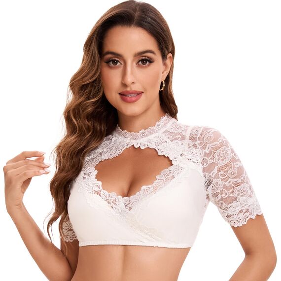 Goxozzy Dirndlbluse Damen Hochgeschlossen Mit Perlen Kurzarm Oktoberfest Trachtenbluse Weiß Schwarz Größen 34-44 (DE/NL/SE/PL, Numerisch, 44, Regular, Regular, Weiß)