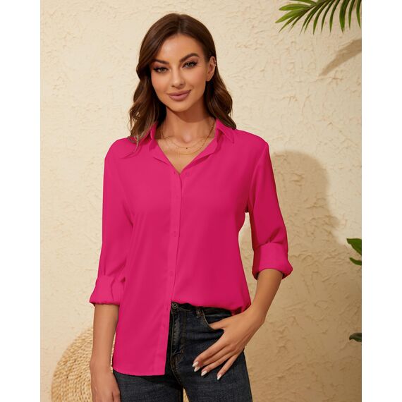 Damen Button-Down Shirts Langarm Kragen Tops Lady Work Office Chiffon Bluse