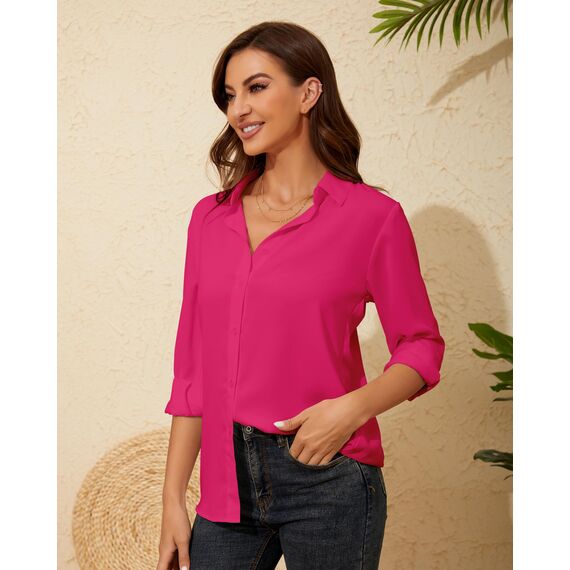 Damen Button-Down Shirts Langarm Kragen Tops Lady Work Office Chiffon Bluse
