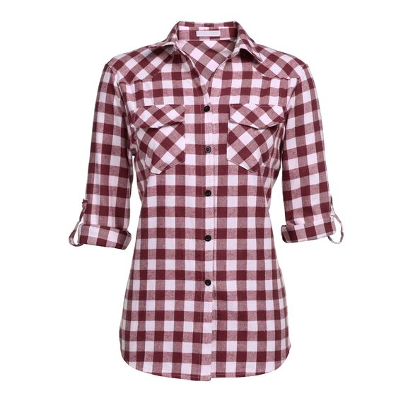 UNibelle Damen Kariert Bluse Langarm Hemd Knopfleiste Trachtenbluse Casual Hemdjacke Oktoberfest Hemden V-Ausschnitt Karohemd HolzfäLlerhemd Trachten Oberteile Weinrot-B M