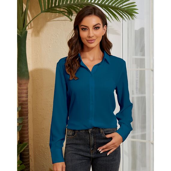 Damen Button-Down Shirts Langarm Kragen Tops Lady Work Office Chiffon Bluse