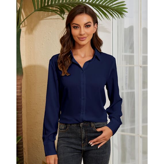 Damen Button-Down Shirts Langarm Kragen Tops Lady Work Office Chiffon Bluse