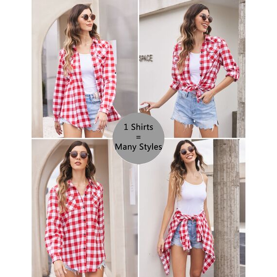 UNibelle Hemden Damen Karierte Bluse Langarm Trachtenbluse V-Ausschnitt Knopfleiste Karohemd Oktoberfest Trachtenhemd HolzfäLlerhemd Casual Hemdbluse Trachten Oberteile Wassermelonenrot-B M