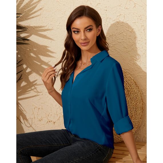 Damen Button-Down Shirts Langarm Kragen Tops Lady Work Office Chiffon Bluse