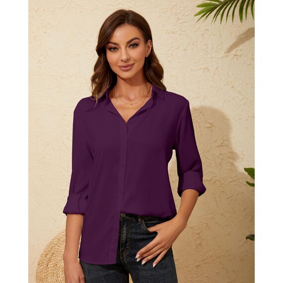 Damen Button-Down Shirts Langarm Kragen Tops Lady Work Office Chiffon Bluse