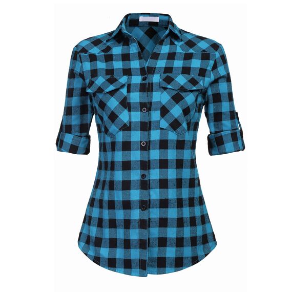 UNibelle Karierte Hemden Damen Langarm Trachtenhemd Holzfällerhemd Bluse Knopfleiste V-Ausschnitt Trachtenbluse 3/4 Ärmeln Oktoberfest Hemdbluse Casual Karo Hemd Blau-B M