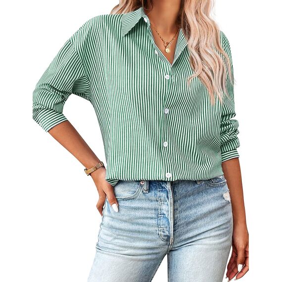 Damen Button-Down Shirts Langarm Kragen Tops Lady Work Office Chiffon Bluse