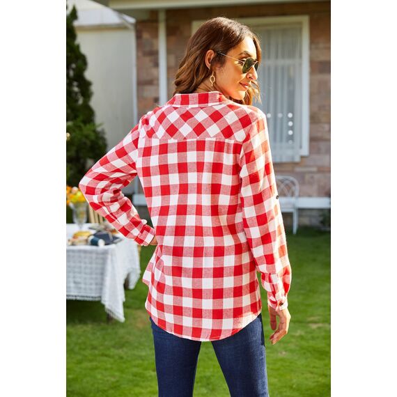 UNibelle Hemden Damen Karierte Bluse Langarm Trachtenbluse V-Ausschnitt Knopfleiste Karohemd Oktoberfest Trachtenhemd HolzfäLlerhemd Casual Hemdbluse Trachten Oberteile Wassermelonenrot-B M