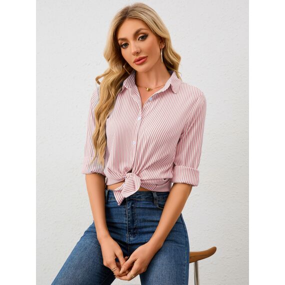 Damen Button-Down Shirts Langarm Kragen Tops Lady Work Office Chiffon Bluse
