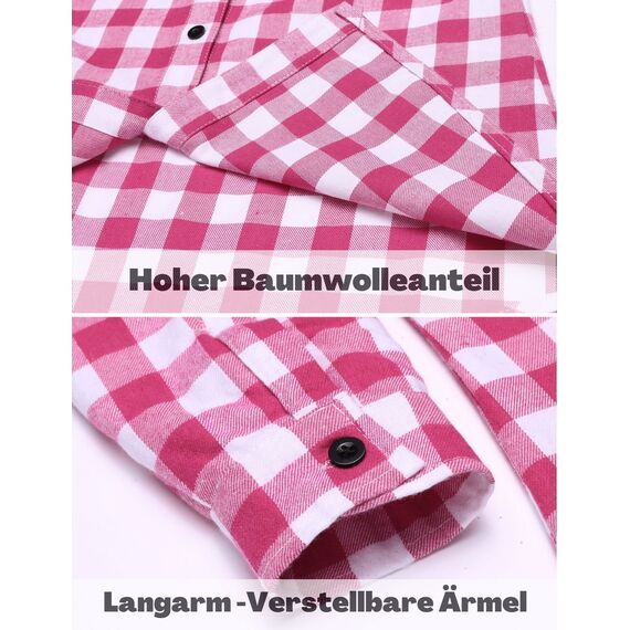 UNibelle Trachtenhemd Damen Bluse Kariert Hemd V-Ausschnitt Trachtenbluse Langarm Karierte Hemden Oktoberfest Karohemd Knöpfen Trachten Oberteil Rosa-B S