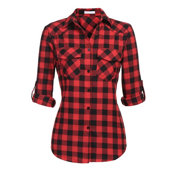 UNibelle Damen Bluse Kariert Trachtenbluse Oktoberfest Karohemd Knopfleiste V-Ausschnitt Trachtenhemd 3/4 Arm HolzfäLlerhemd Casual Hemden Trachten Oberteil Rot-B M