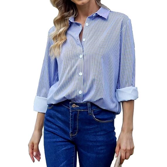 Damen Button-Down Shirts Langarm Kragen Tops Lady Work Office Chiffon Bluse