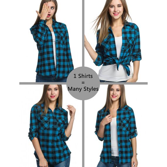 UNibelle Damen Bluse Kariert Trachtenbluse Oktoberfest Karohemd Knopfleiste V-Ausschnitt Trachtenhemd 3/4 Arm HolzfäLlerhemd Casual Hemden Trachten Oberteil Blau-B XL