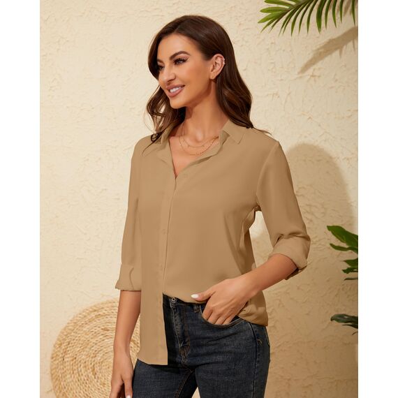 Damen Button-Down Shirts Langarm Kragen Tops Lady Work Office Chiffon Bluse