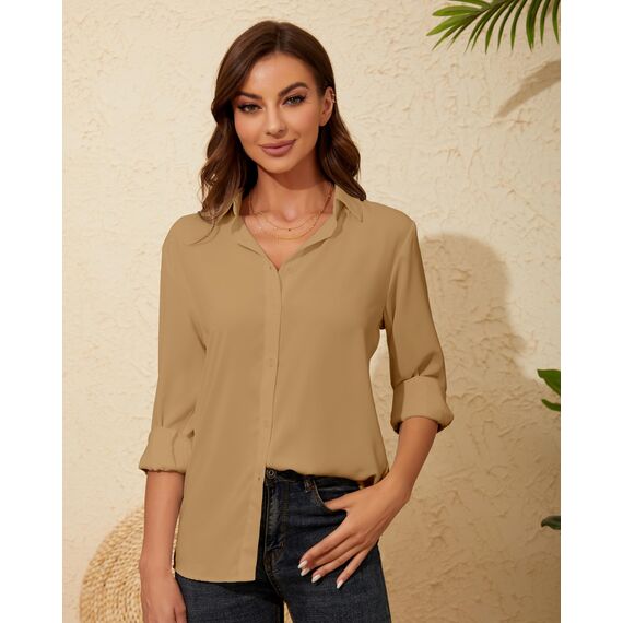 Damen Button-Down Shirts Langarm Kragen Tops Lady Work Office Chiffon Bluse