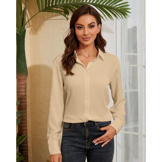 Damen Button-Down Shirts Langarm Kragen Tops Lady Work Office Chiffon Bluse