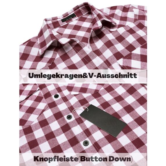 UNibelle Damen Kariert Bluse Langarm Hemd Knopfleiste Trachtenbluse Casual Hemdjacke Oktoberfest Hemden V-Ausschnitt Karohemd HolzfäLlerhemd Trachten Oberteile Weinrot-B M