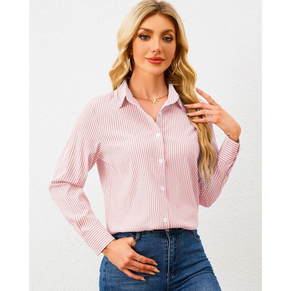 Damen Button-Down Shirts Langarm Kragen Tops Lady Work Office Chiffon Bluse