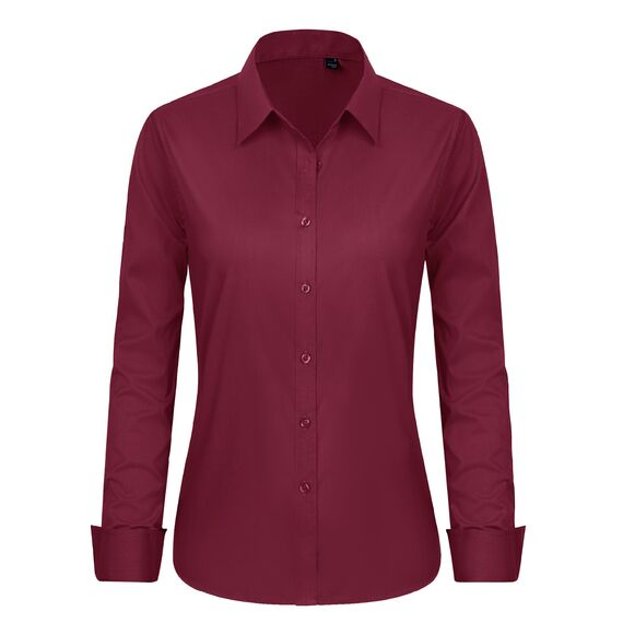 J.VER Bluse Damen Langarm Baumwolle Businesshemd V-Ausschnitt Basic Bügelfrei Shirt Button Down Casual Oberteile Burgunderrot