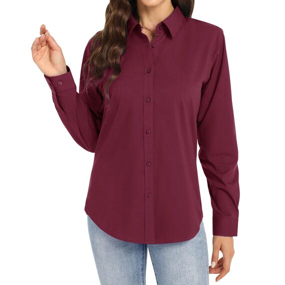 J.VER Bluse Damen Langarm Business Bügelfrei Hemd Klassische Blusenshirt Comfort Fit Baumwolle Stretch Blouse Regular Damenbluse Für Meeting Burgunderrot