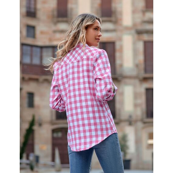 UNibelle Damen Kariert Bluse Langarm Hemd Knopfleiste Trachtenbluse Casual Hemdjacke Oktoberfest Hemden V-Ausschnitt Karohemd HolzfäLlerhemd Trachten Oberteile Rosa-B XL