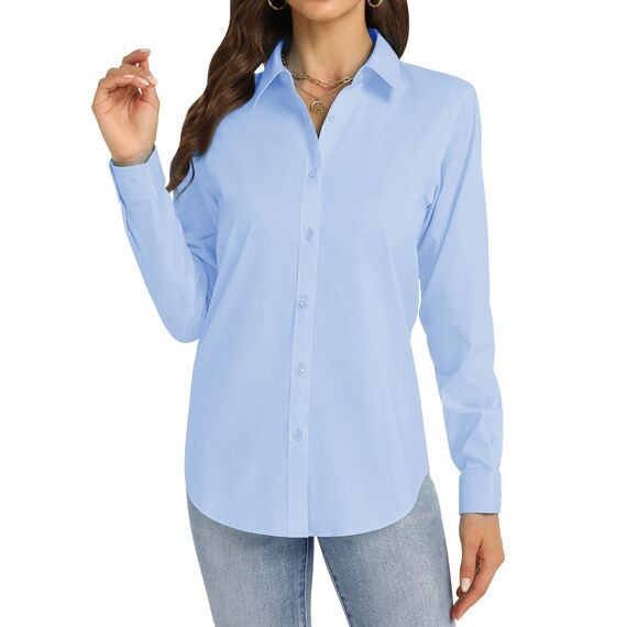 J.VER Bluse Damen Langarm Business Klassische Business Freizeithemden Bügelfrei Comfort Fit Strandhemd Für Büo Hochzeit Reisen Hell Blau