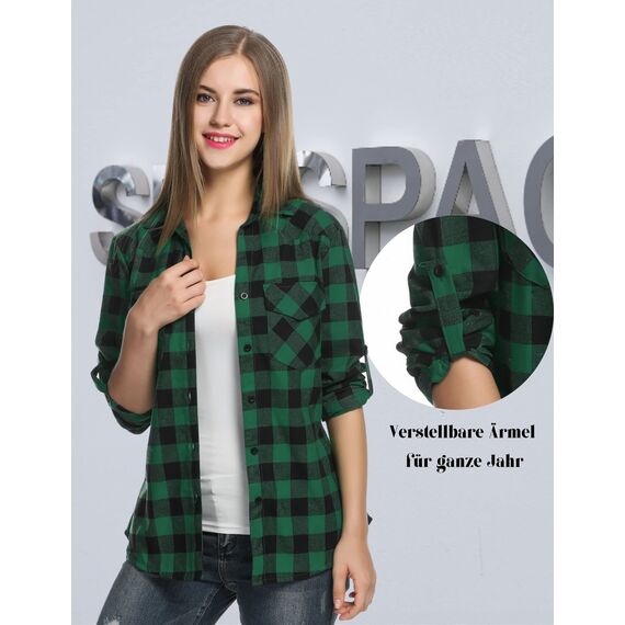 UNibelle Damen Trachtenbluse Oktoberfest Karohemd V-Ausschnitt HolzfäLlerhemd Langarm Trachtenhemd Knöpfen Karierte Hemden Casual Oberteile Dunkelgrün-B XXL