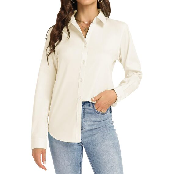 J.VER Damen Bluse Langarmshirt Einfarbig Tops Kragen Baumwolle Oberteile Knitterfreies Damen Hemdbluse Mode Für Damenblusen Beige