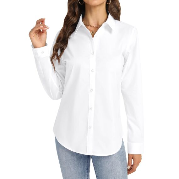 J.VER Bluse Weiß Damen Langarmshirt Einfarbig Tops Kragen Baumwolle Oberteile Knitterfreies Mode Für Damenblusen Alle Weiß
