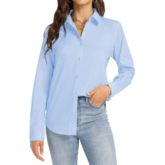 J.VER Bluse Damen Baumwolle Hemd Business Flugtauglich Blusen Elegant Modische Hemdbluse Für Stadtspaziergang Hochzeit Hell Blau