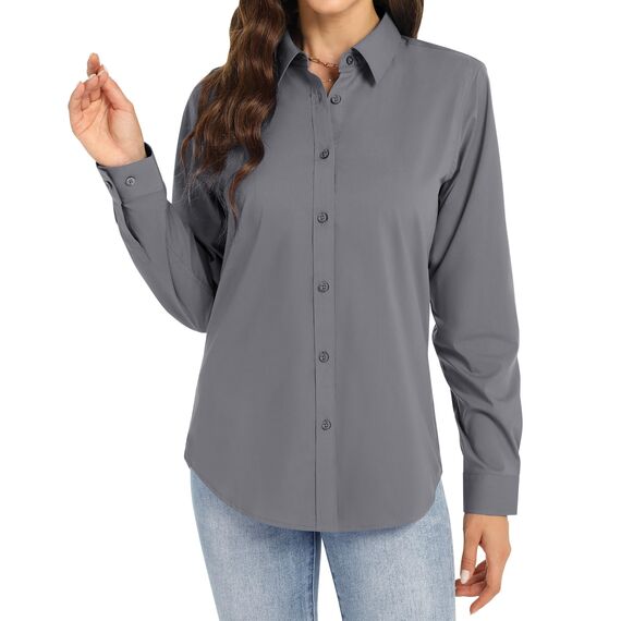 J.VER Bluse Damen Langarm Business Damenblusen Bügelfrei Langarmshirt Einfarbig Tops Kragen Baumwolle Oberteile Knitterfreies Lady Hemdbluse grau