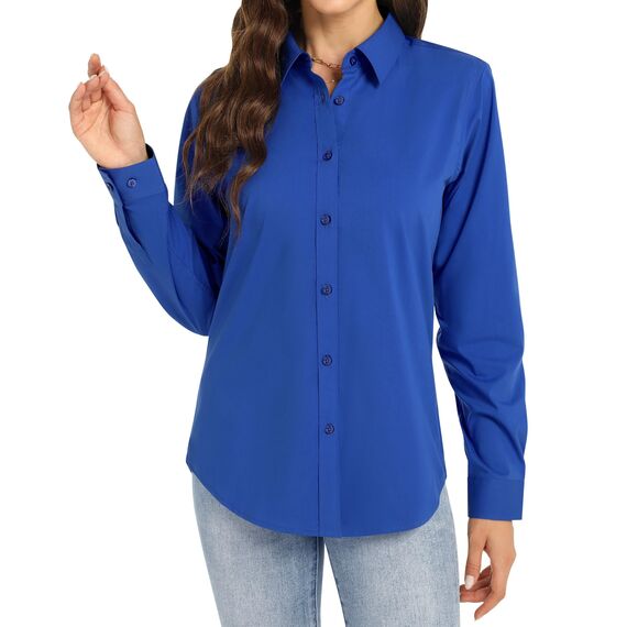 J.VER Bügelfreie Blusen Damen Baumwolle Hemdbluse Knitterfrei Regular Fit Blusen Business Freizeithemd übergangssaison Langarm Sapphire Blue