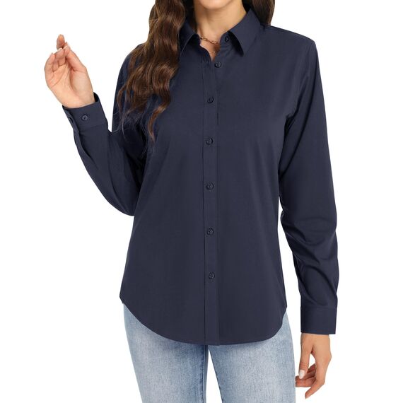 J.VER Bluse Dunkelblau Damen Freizeit Langarm Businesshemd Stretch Atmungsaktiv Blouse Für Arbeitsplatz Academia und Vorstellungsgespräche Navy Blau