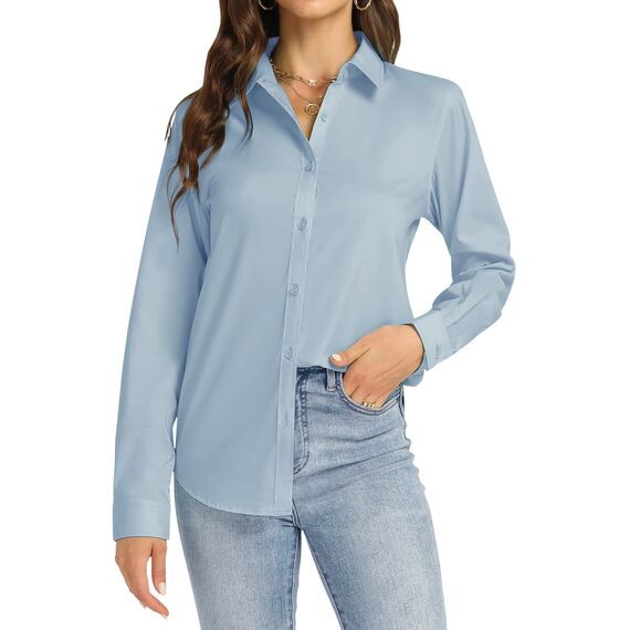 J.VER Blusenshirt Damen Business Reise Blusen Knitterfrei Langarmshirt Stretch Komfort Damenbluse Stylische Oberteile Nebelblau