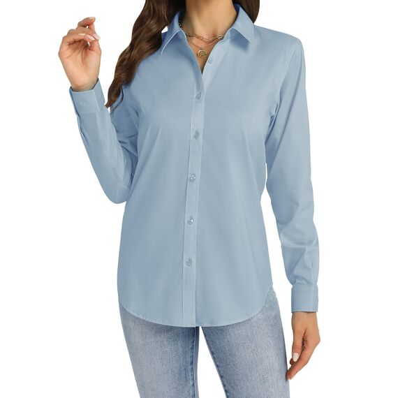 J.VER Damen Bluse Langarmshirt Einfarbig Tops Kragen Baumwolle Oberteile Knitterfreies Damen Hemdbluse Mode Für Damenblusen Nebelblau