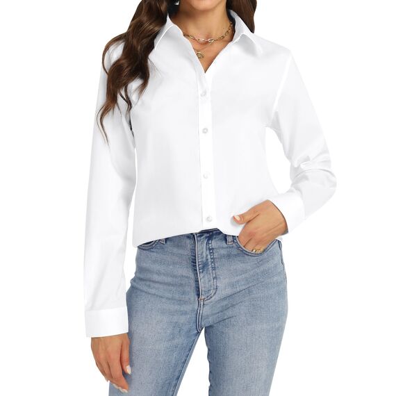 J.VER Bluse Damen Langarm Weiß Elegant Business Blusen V-Ausschnitt Basic Hemden Mit Konpfleiste Einfarbig Bügelleichtes Oberteil Alle Weiß