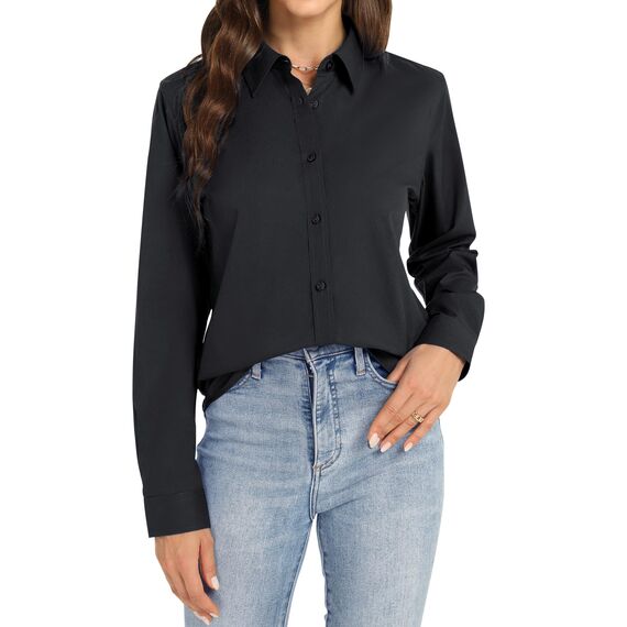 J.VER Schwarze Bluse Damen Businesshemd Klassische Button Down Langarm Shirt Freizeit Hemdbluse FüR BüRo Arbeit Reise All Schwarz