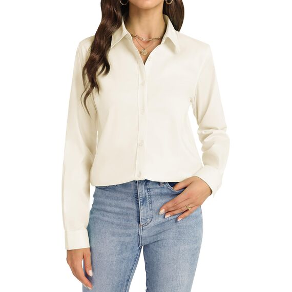 J.VER Damen Bluse Business Casual Blusenshirt Office Alltags Blusen Knitterfreies Hemd Regular Fit Long Sleeve Shirt Women Beige